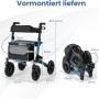 Blauer faltbarer Rollator mit Luftbereifung, höhenverstellbar, Sitz & Tasche. Maße für ausgeklappten und gefalteten Zustand.