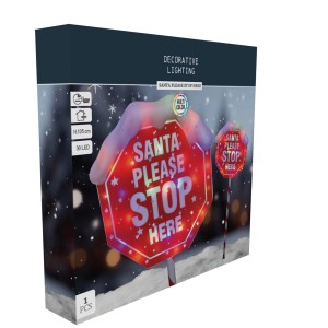 Verpackung der Weihnachtsdeko Bodenlampe Santa Stop Rot, 105 cm, mit LED Schriftzug.