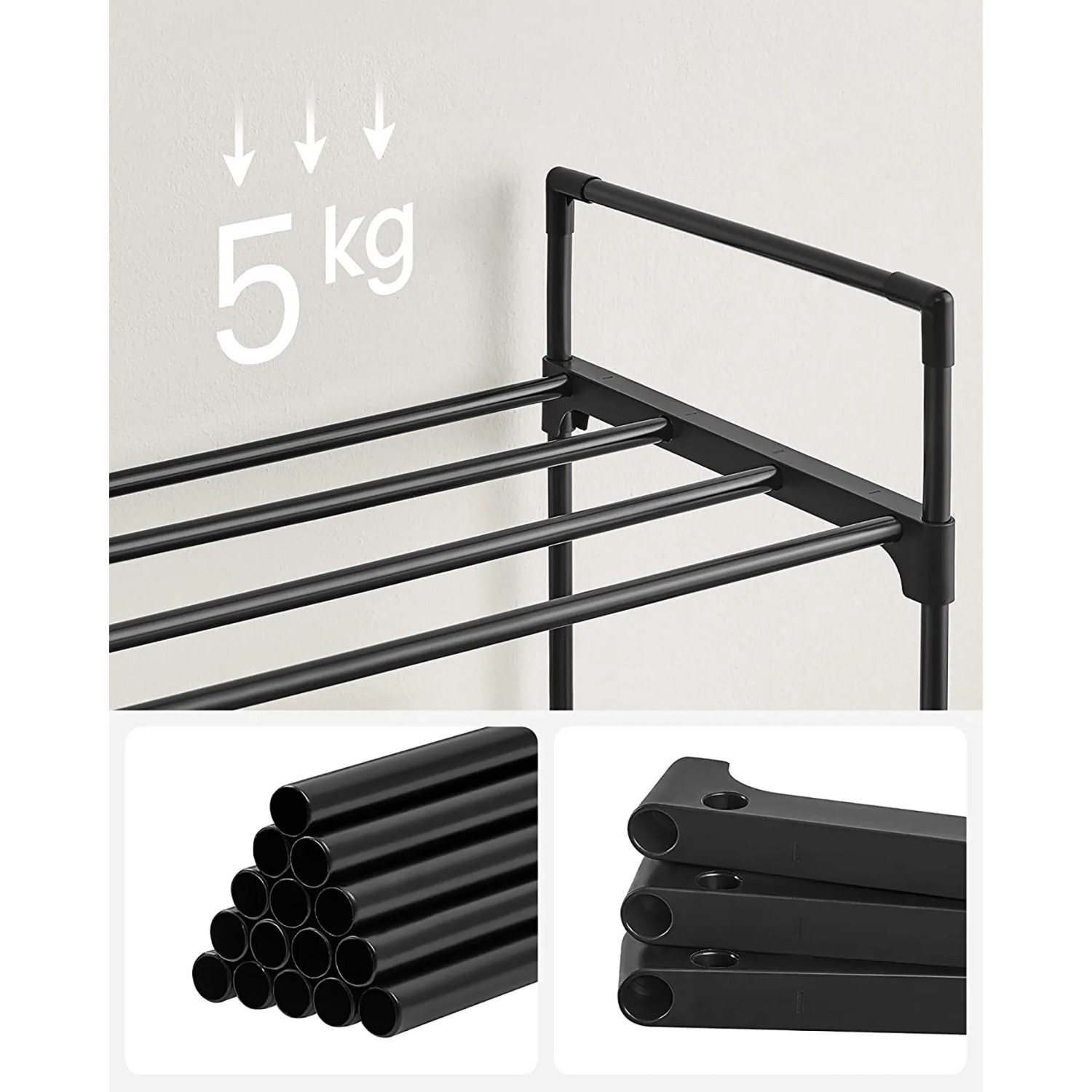 Schwarzes Songmics Metallregal mit 3 Ebenen, Detailaufnahme der Konstruktion und Belastbarkeit.