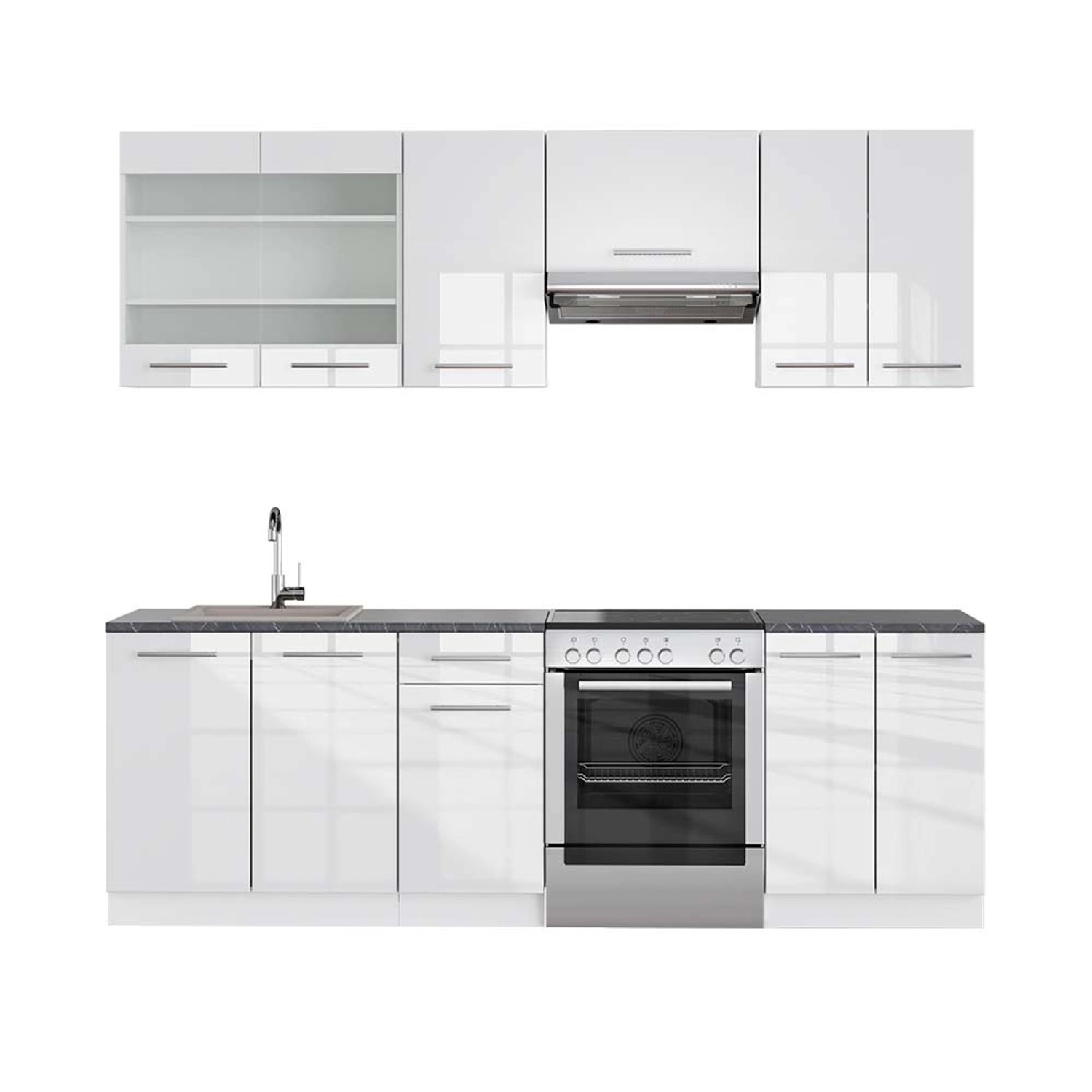 Vicco Fame-Line Küchenzeile Weiß Hochglanz/Weiß 240 cm AP Anthrazit günstig online kaufen