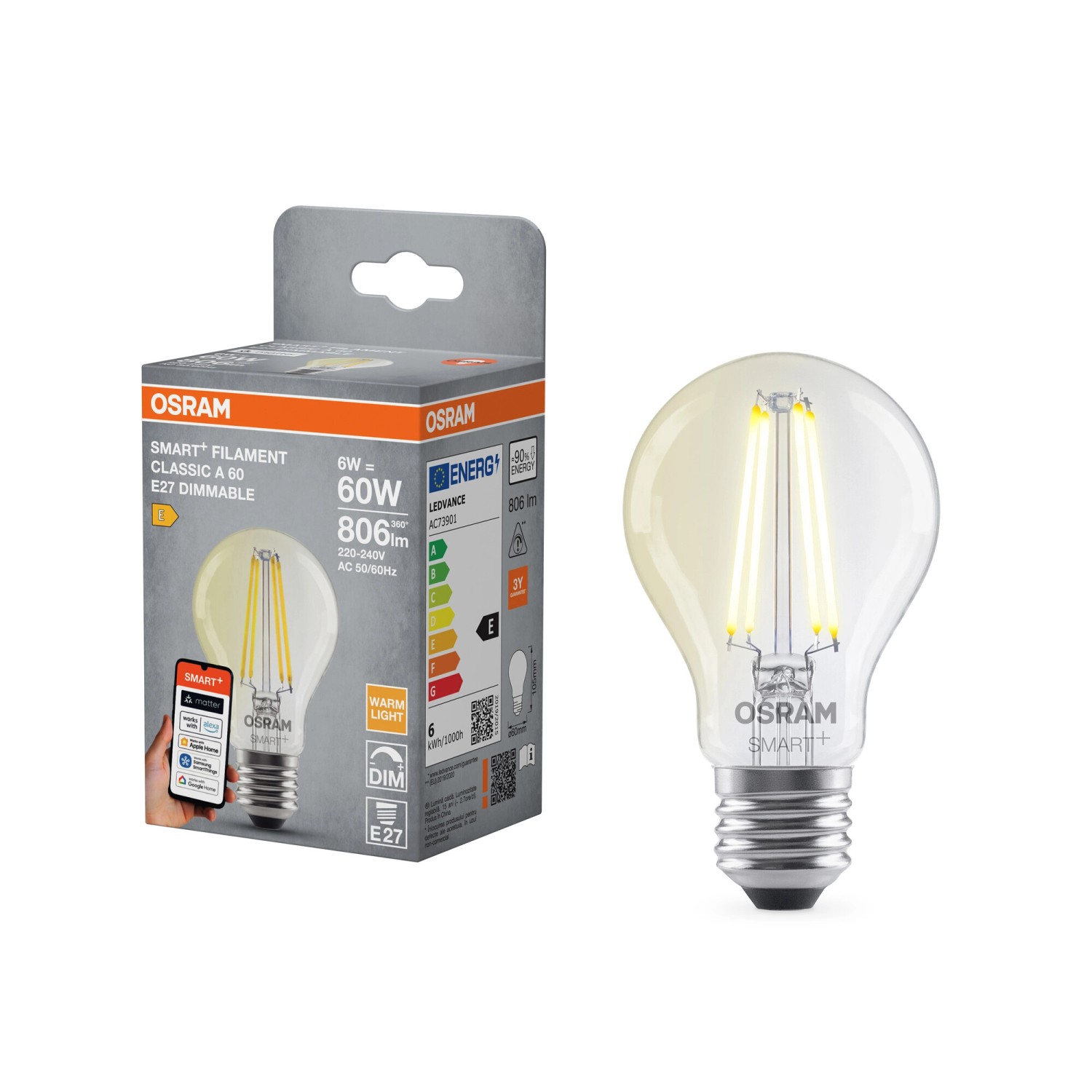 Osram LED-Leuchtmittel E27 Glühlampenform A60 Dimmbar 6W 806 lm 10,5 x 6 cm