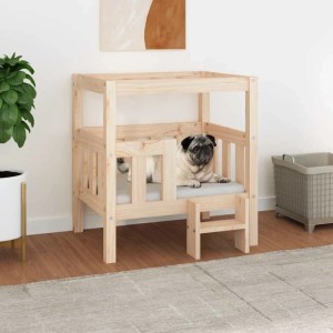 Hundebett aus Kiefernholz (65,5x50,5x70 cm) mit Mops. Gemütliches Hundekörbchen für kleine Hunde.