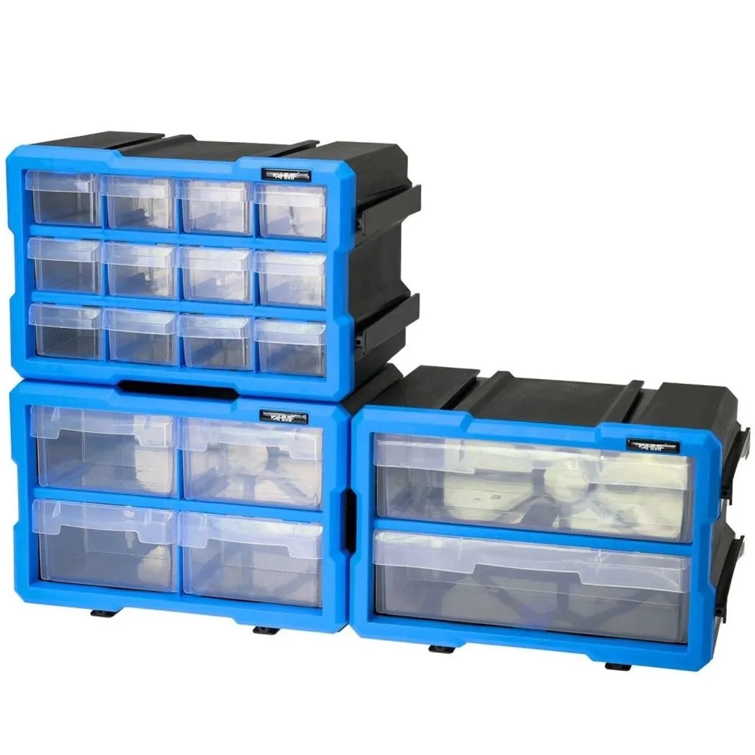 HMF STK200-S3-05 Sortierbox 3er Set Kleinteile Schubladen Erweiterbarer Sortimentskasten Schrauben Werkzeug 36 Fächer 295 x 195 x 160 mm