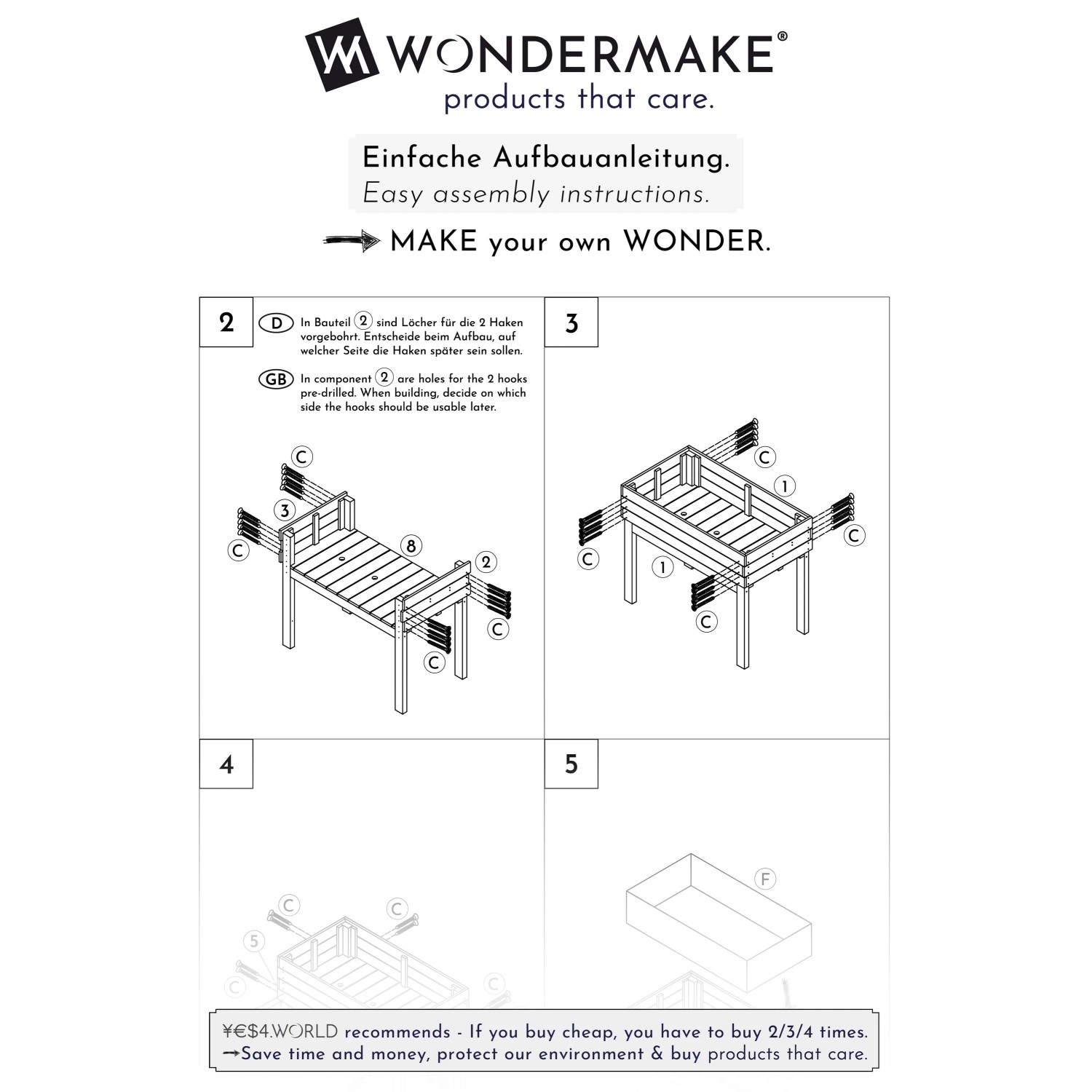Aufbauanleitung für WONDERMAKE Design Hochbeet aus Kirschbaumholz, verschiedene Montageschritte.