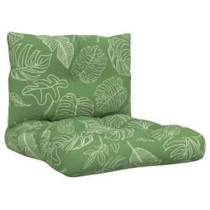 Grünes Palettenkissen-Set mit weißem Blattmuster aus Oxford-Gewebe. Bequeme Sitz- und Rückenkissen für Gartenmöbel.