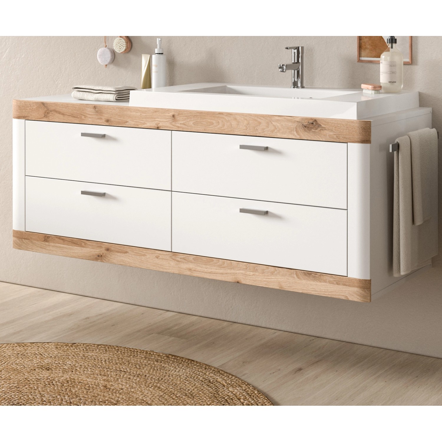 Inn.Furn Waschbeckenunterschrank Weiß Eiche 133 cm mit Waschbecken Sopela günstig online kaufen