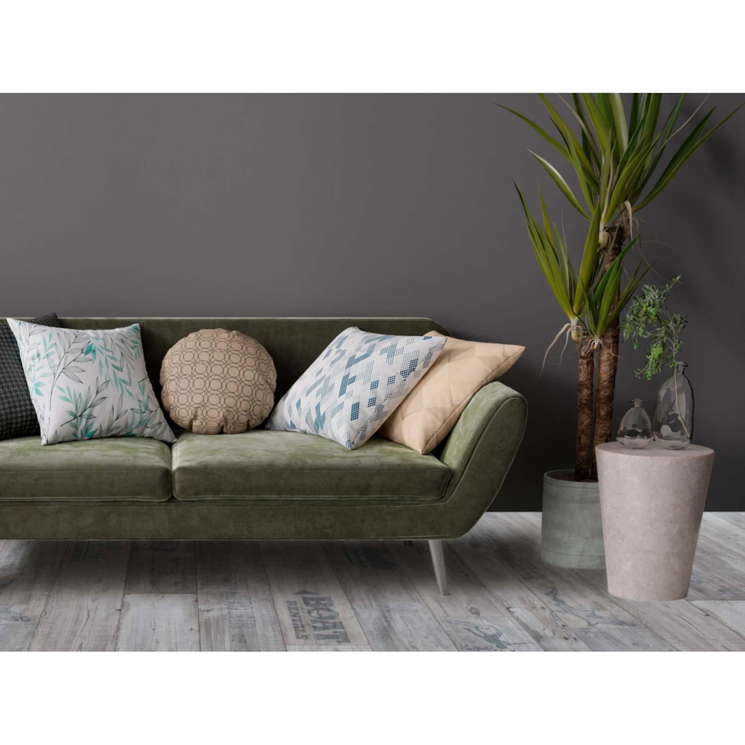 Wohnszene mit PVC Bodenbelag Primaflor Tronto Eiche Sanremo und grüner Couch.