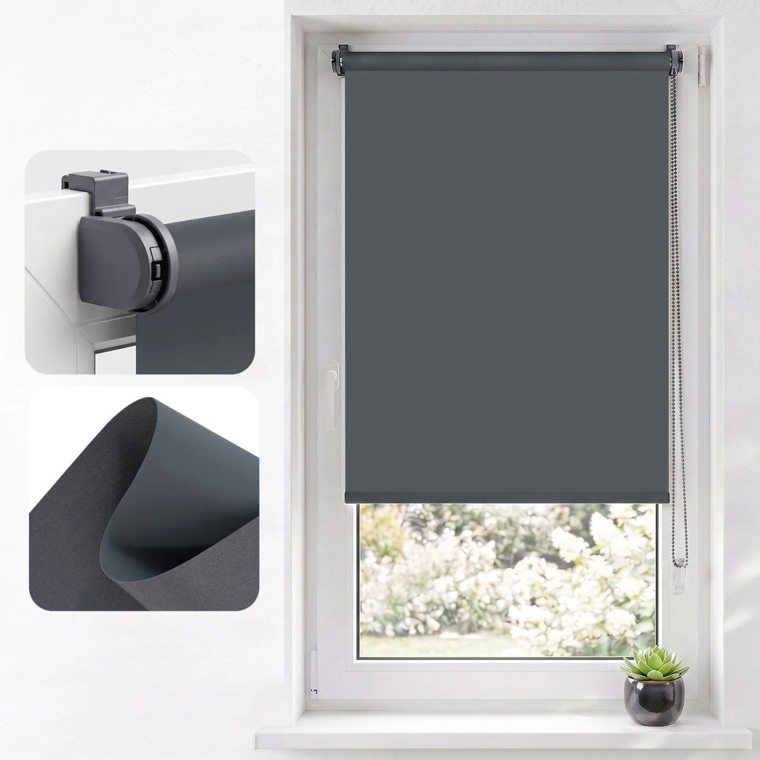 Graues SALCAR Verdunkelungsrollo mit Klemmfix-Montage am Fenster. Blickdichter Thermostoff für Sonnenschutz und Privatsphäre.