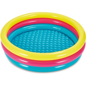 Bunter 3-Ring-Pool von Summer Waves, aufblasbares Planschbecken für Kinder in Gelb, Pink und Blau.