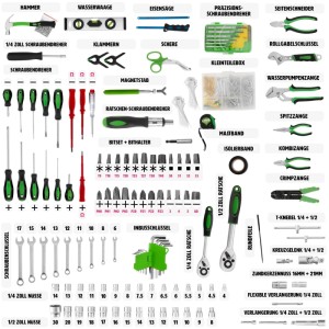 Tectake Werkzeugkoffer Gerhard, 899-teilig, mit Werkzeugsortiment, Schraubenschlüssel, Zangen, Hammer, Bits und mehr.