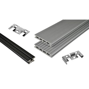 Kovalex WPC Terrassen-Bausatz Exklusiv Grau: Terrassendielen, Unterkonstruktion und Montageclips im Detail.