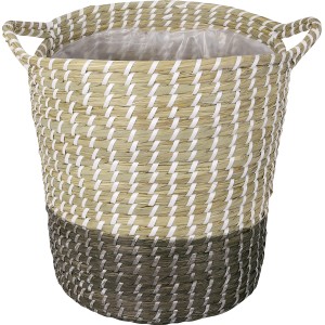 Natur-grauer Pflanzkorb aus Seegras, Ø 33x35 cm, mit Griffen. Ideal als Übertopf.