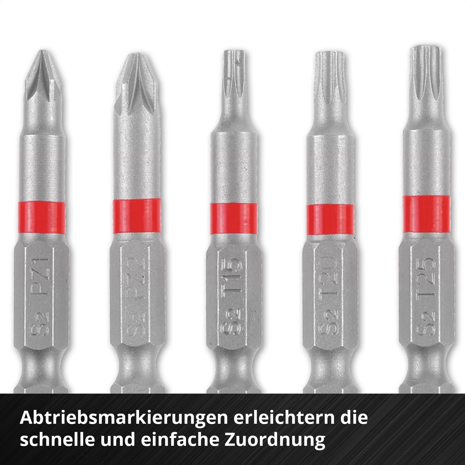 Einhell Bit-Set 10-teilig, Bits mit PH, PZ, TX und HEX Profilen im Detail.