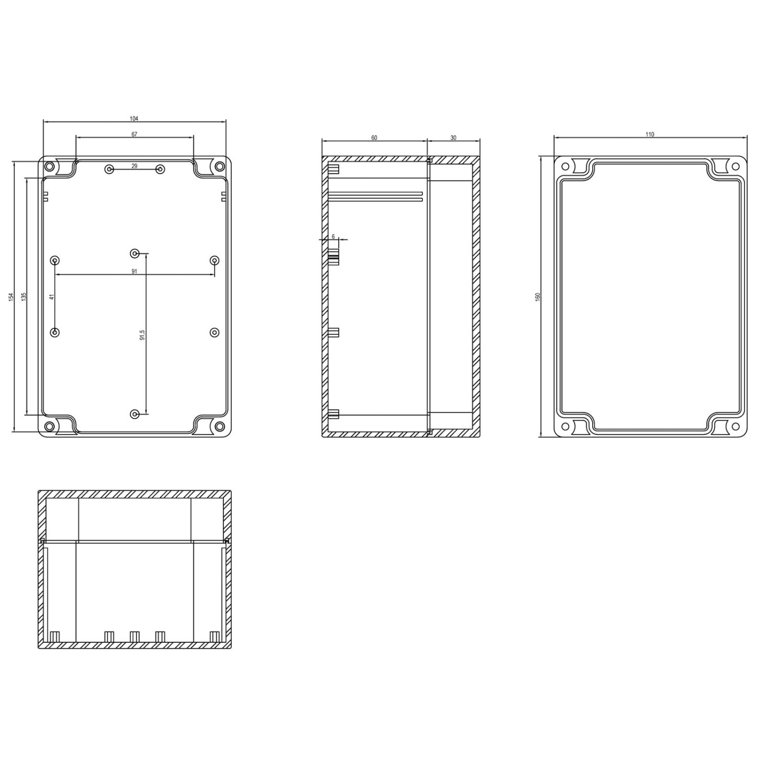 Technische Zeichnung: Lichtgraues Modulgehäuse, 160x110x90mm, IP65, für Elektroinstallation.