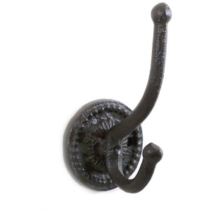 Schwarzer Wandhaken aus Gusseisen mit 2 Haken im runden Design für die Gartendekoration.