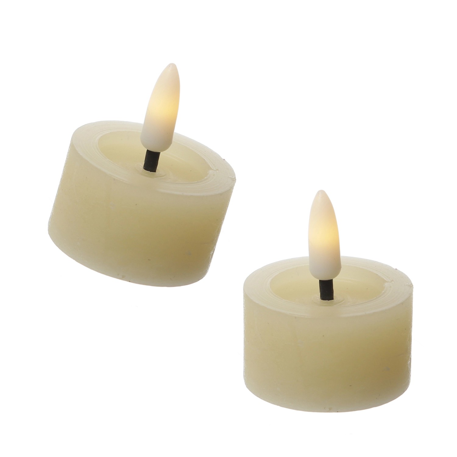 Zwei creme Echtwachs LED Teelichter in Rustik Optik mit Timer und Batterien.