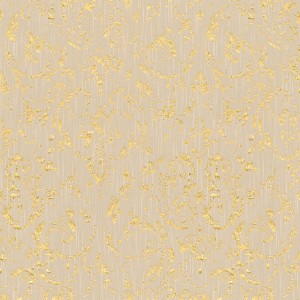 Beige-goldene Vliestapete mit Barock Ornament und Glitzer-Effekt für Wohnräume.