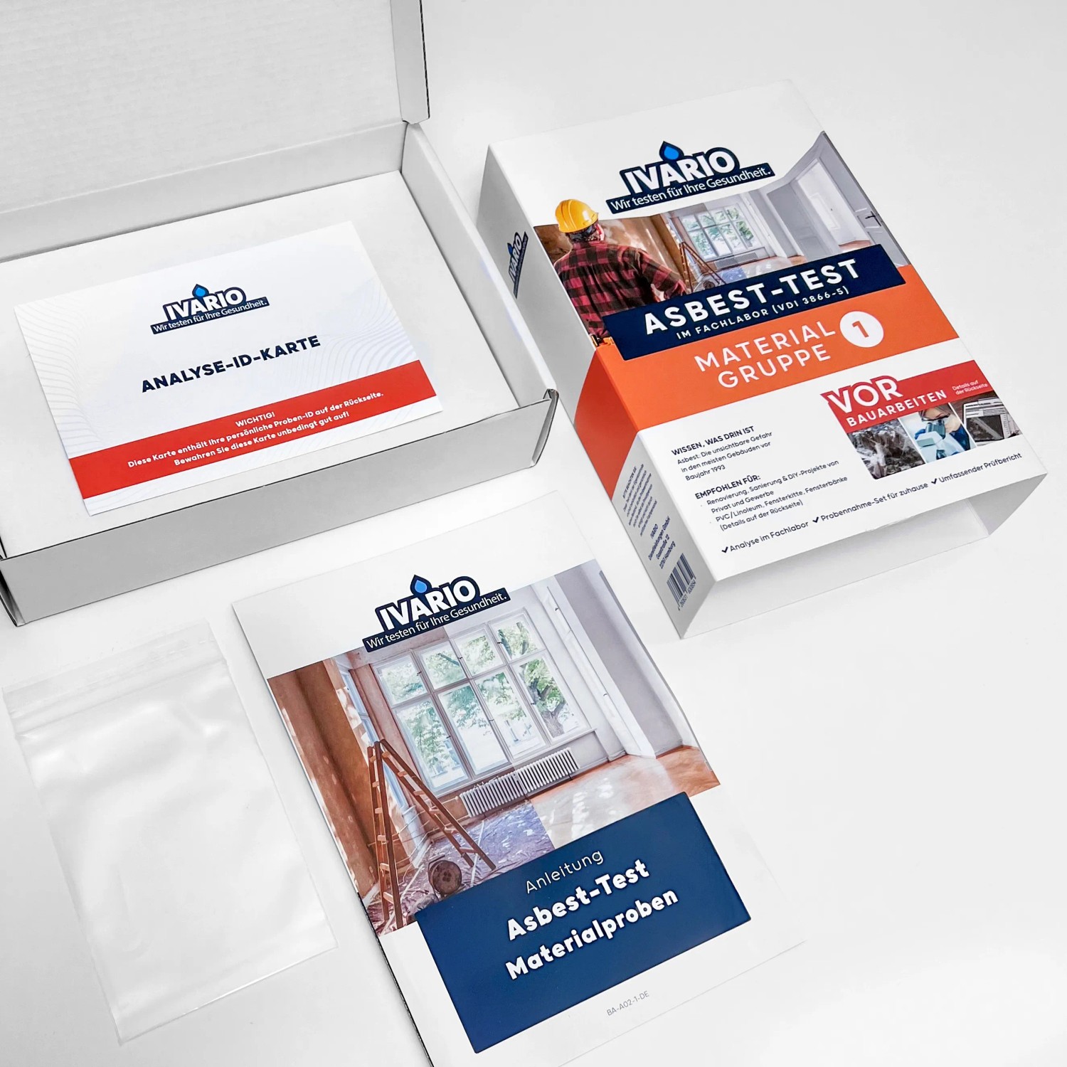 Ivario Asbesttest Materialgruppe 1 Standard: Test-Set mit Box, Anleitung und Analyse-ID-Karte.