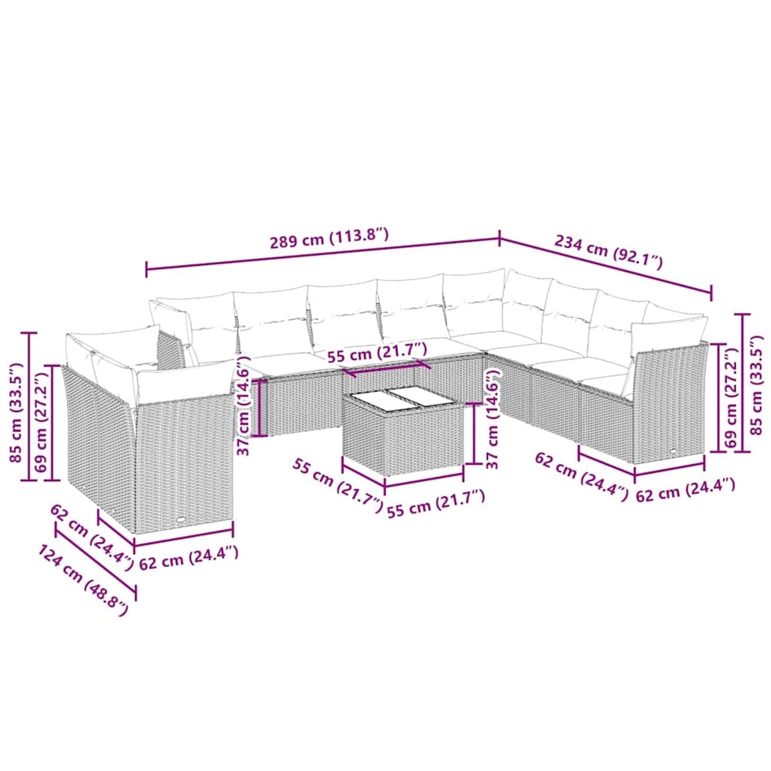 Hellgraue 11-tlg. vidaXL Garten-Sofagarnitur aus Polyrattan mit Kissen und Tisch, Maße eingezeichnet.
