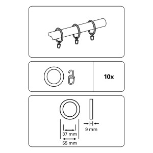 Gardinia Gardinenringe mit Haken, schwarz-matt, für Stangen bis 28mm Durchmesser, 10er Pack.