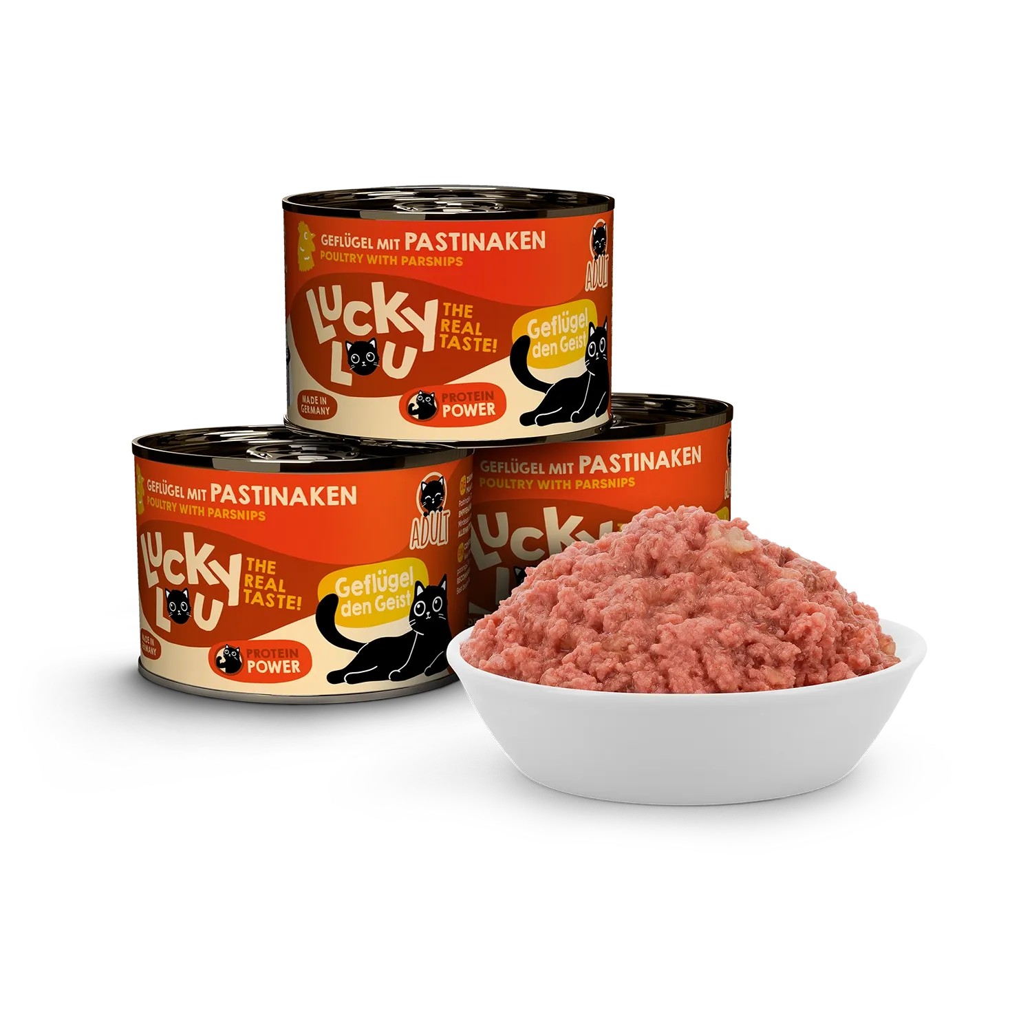 Lucky Lou Katzen-Nassfutter Adult Geflügel, 200g Dose und Schale mit Futter.