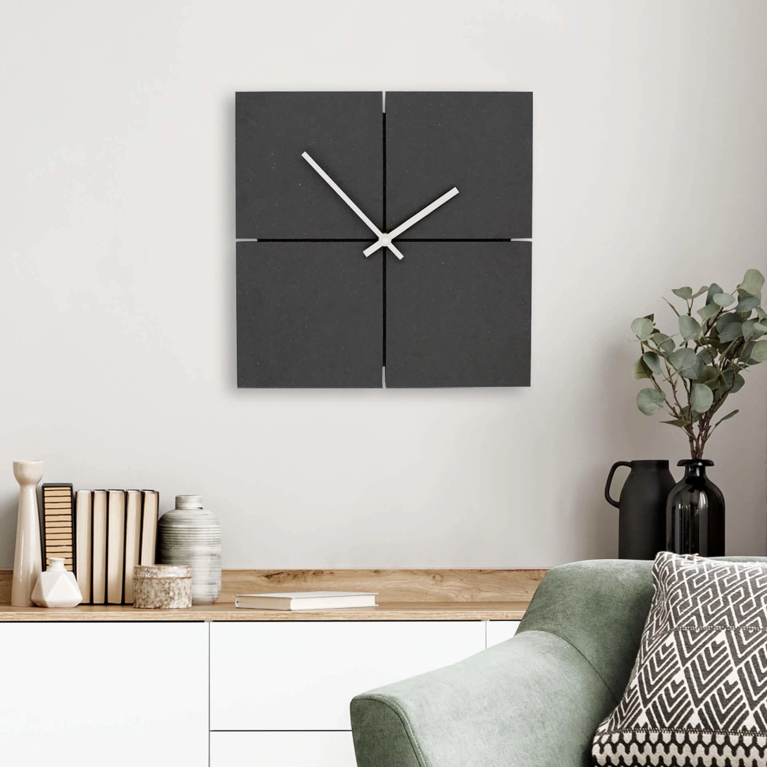 Wall Art Wanduhr Minimalistisch MDF Quadratisch Lautlos 20 cm x 20 cm  Schwarz