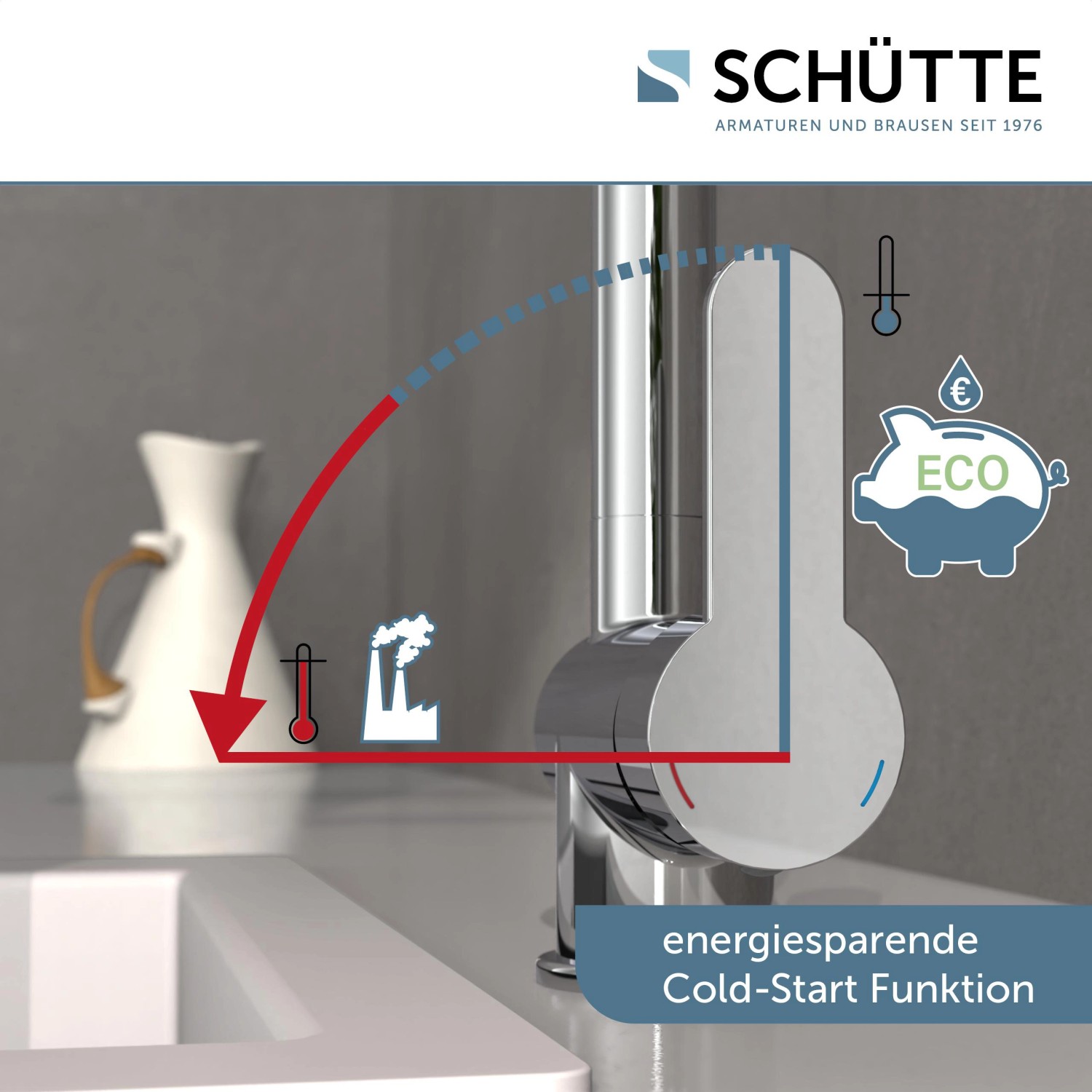 Schütte Spültischarmatur London Chrom Niederdruck mit Cold-Start Funktion und Energiespar-Symbolen.