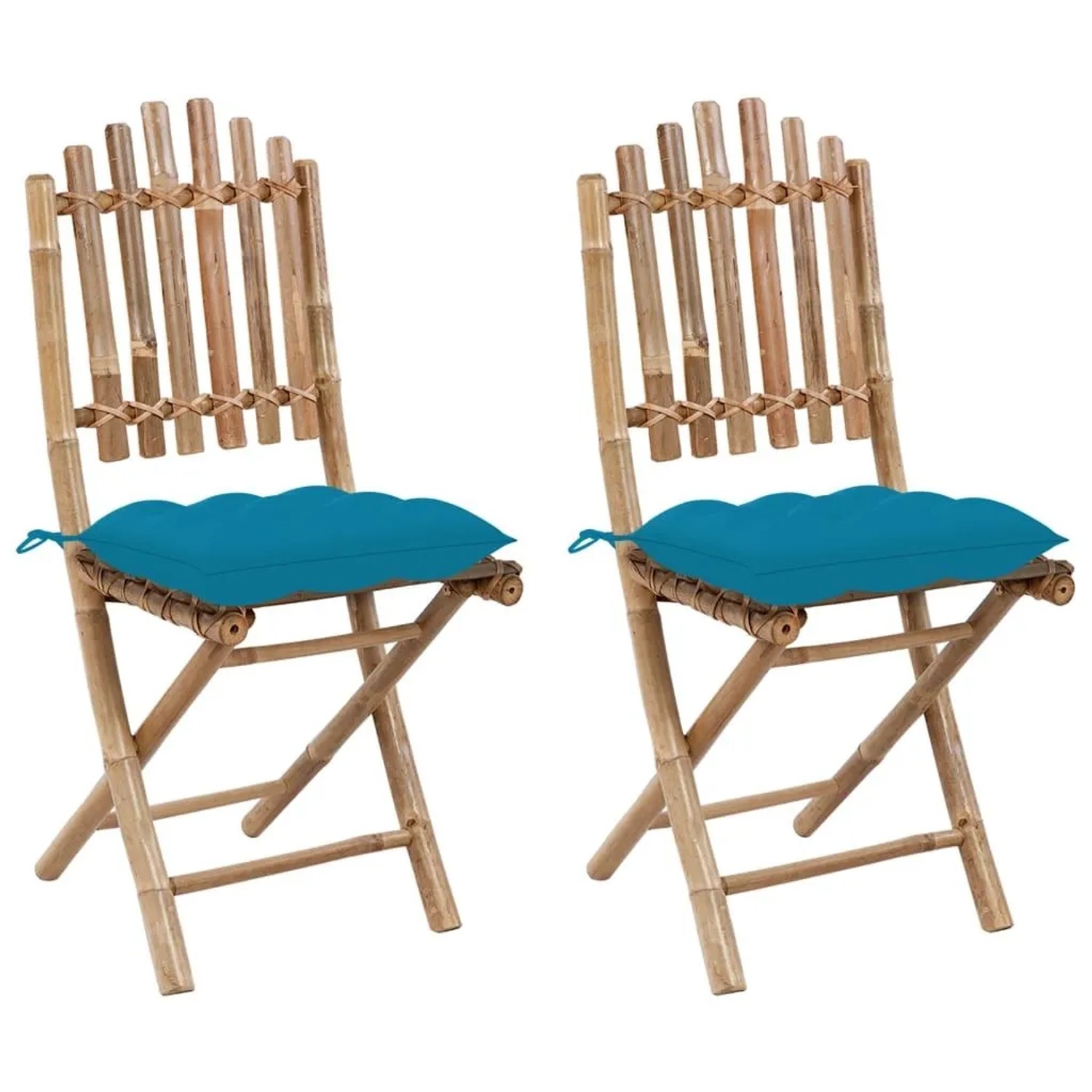 Furnicato Klappbare Gartenstühle 2er Set Bambus Mit Hellblauen Kissen 50x42x92 Cm Stuhl 40x40x7 Cm Kissen