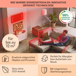 Klarstein Infrarotheizung Wonderwall Air Art im Wohnraum mit Mann auf Sofa und Deko.