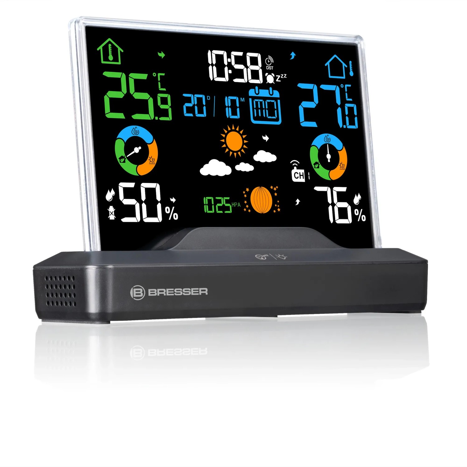 Bresser Funk-Wetterstation mit rahmenlosem Display, das Temperatur, Luftfeuchtigkeit und Wettervorhersage anzeigt.