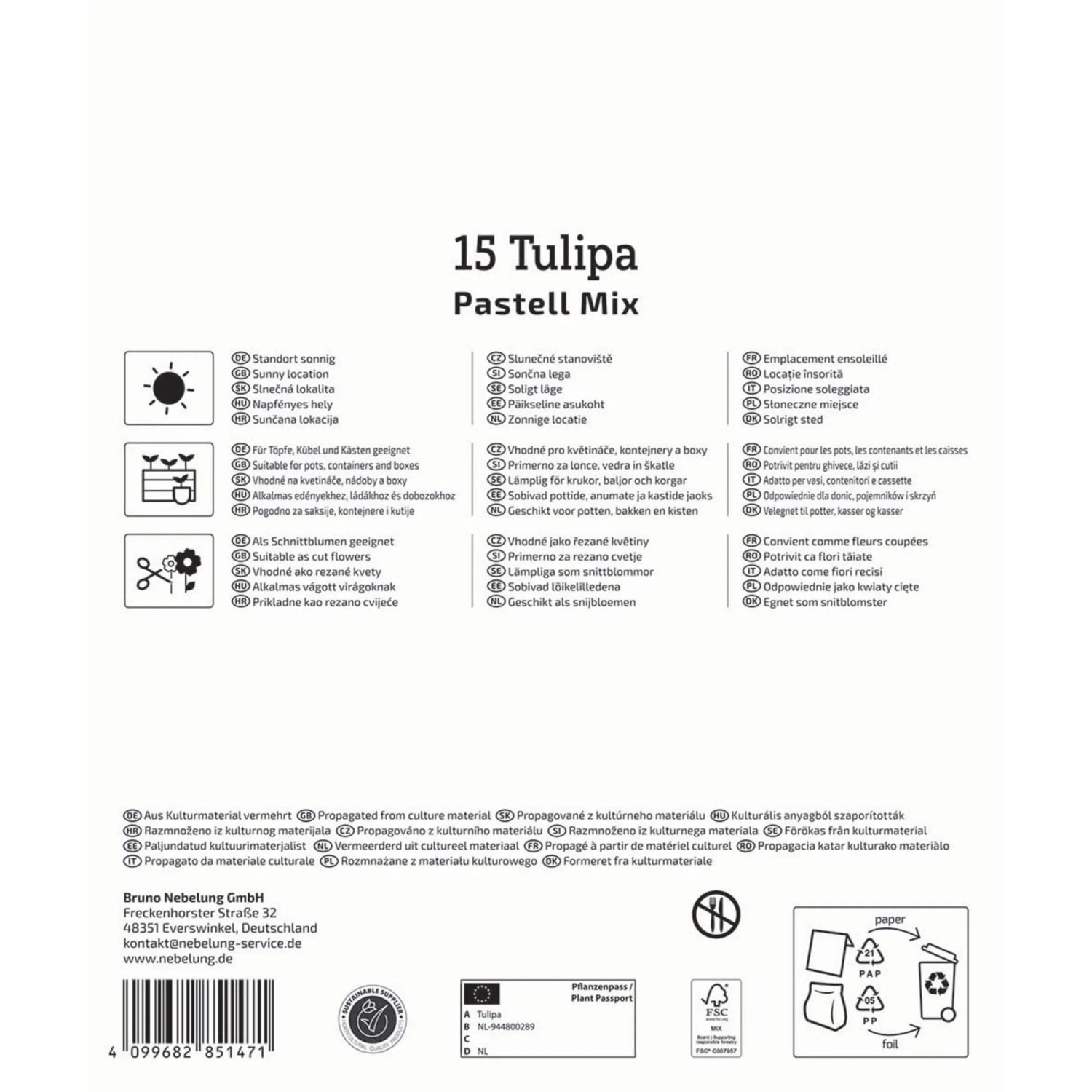 Verpackung Kiepenkerl Triumph-Tulpen Pastell-Mix 15 Stück Blumenzwiebeln. Zeigt Pflanzinfos, Eignung für Kübel & Schnittblumen.