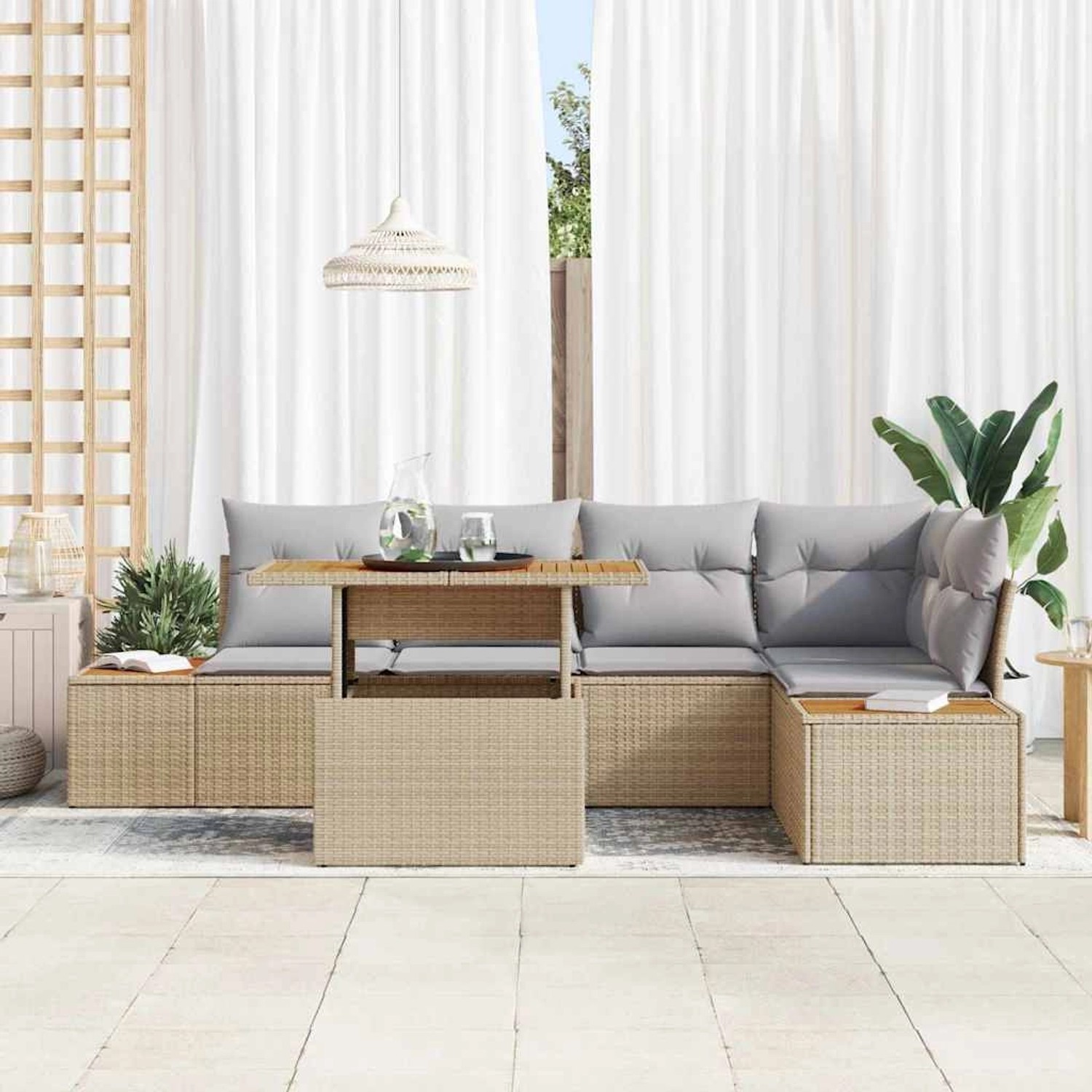 Beiges 6-tlg. vidaXL Garten-Sofa-Set aus Poly Rattan mit Tisch und Stauraum.