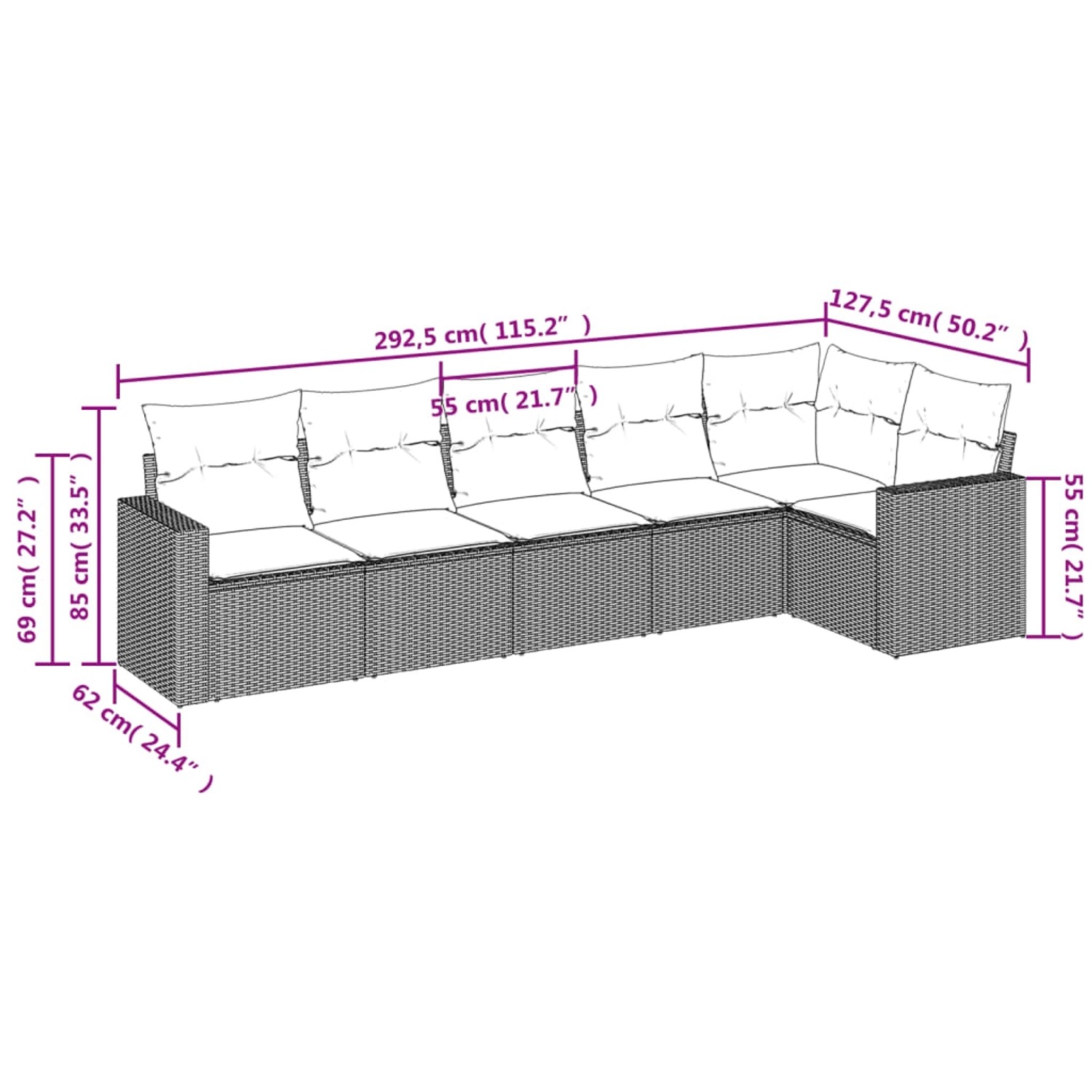 vidaXL 6-tlg. Garten-Sofagarnitur, schwarzes Poly Rattan mit Maßen. Ideal für Terrasse und Garten.