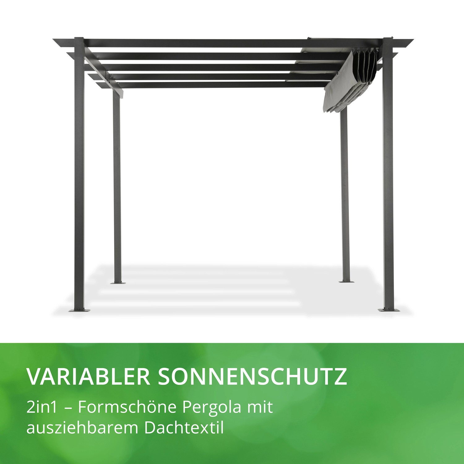 Leco Pergola 4x3m in Lichtgrau mit variablem Sonnendach, Gestell aus Aluminium und Stahlrohr.