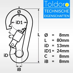 Technische Zeichnung: Toldoro Edelstahl Karabiner mit Schraubverschluss, 80mm, Maße und Details.