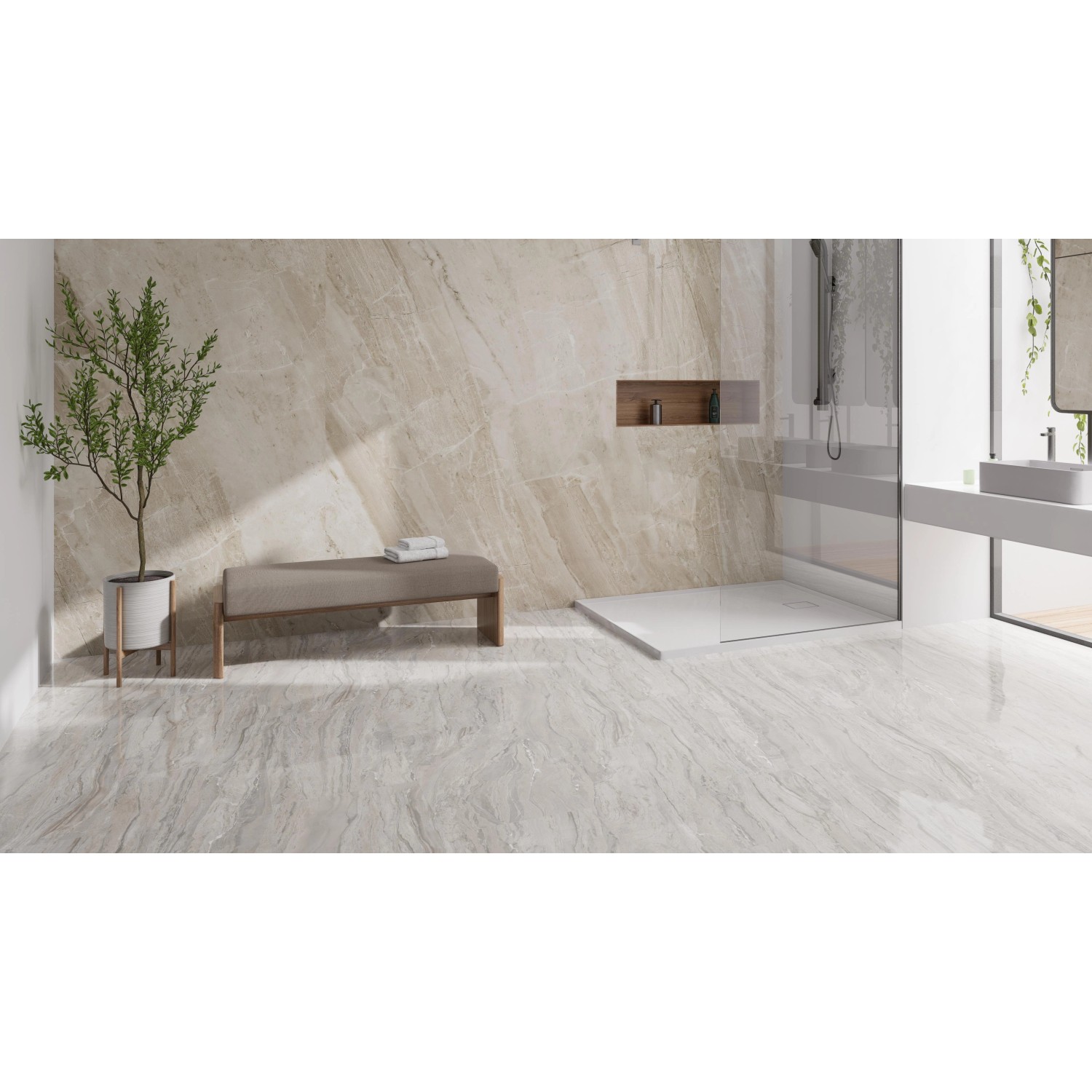 Badezimmer mit Click-Vinylboden Glehner Marmor in Marmoroptik, verlegt auf Boden und Wand.