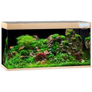 Juwel Aquarium-Set Rio LED, helles Holz, 350 l, bepflanzt mit Fischen und Dekoration.