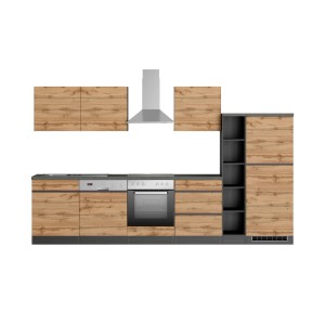 Held Möbel Küchenzeile Turin 330 cm in Wotaneiche-Graphit mit E-Geräten.