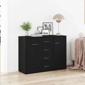 Schwarzes Sideboard in Eichen-Optik mit 4 Schubladen und 2 Türen. Holzwerkstoff, 88x30x64 cm.