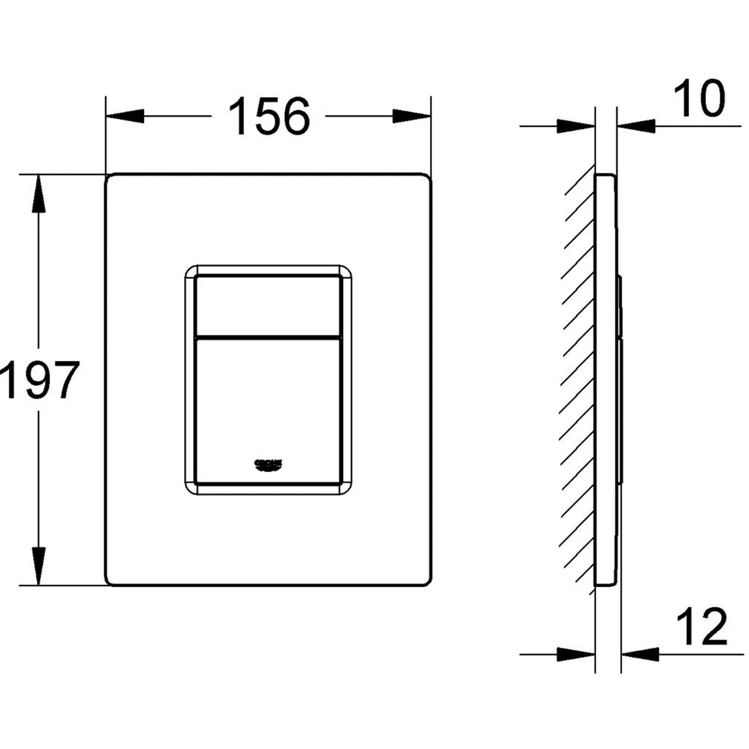 Technische Zeichnung der Grohe Even Abdeckplatte in Matt Schwarz mit Maßangaben.