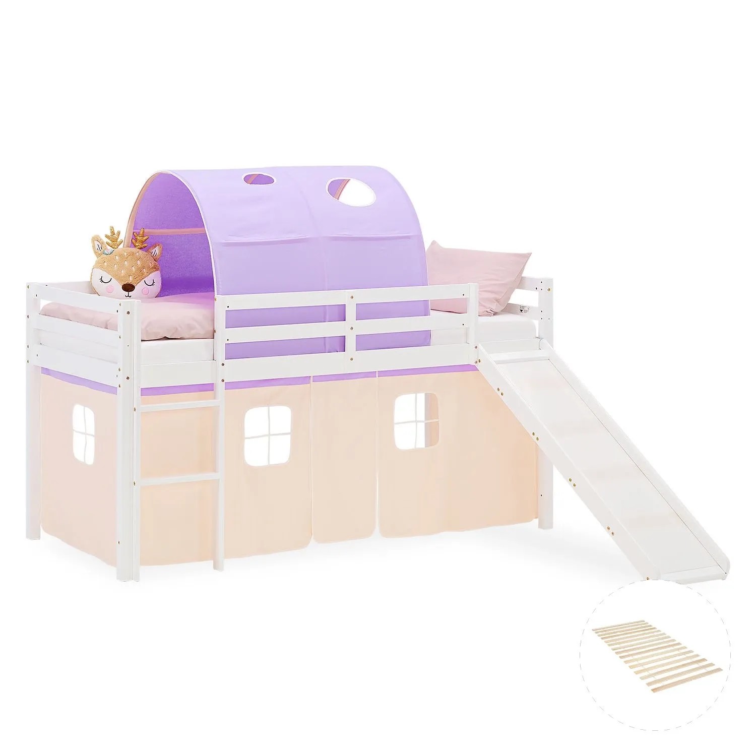 Homestyle4u Kinder Hochbett 90x200 Rutsche Peach Lila Kinderbett 2958