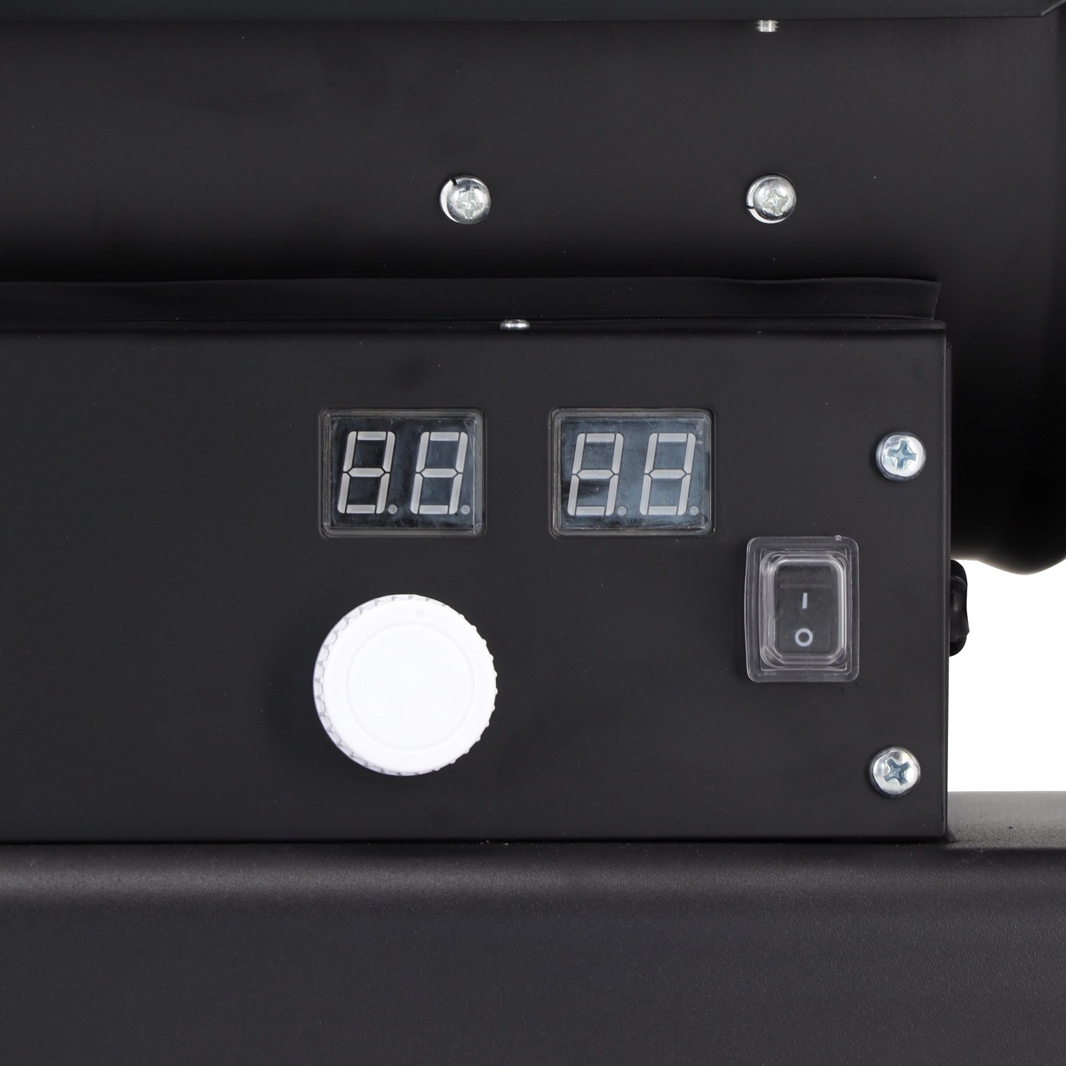 Detailaufnahme der TroniTechnik Diesel Heizkanone: Bedienfeld mit Digitalanzeige, Schalter und Drehknopf.