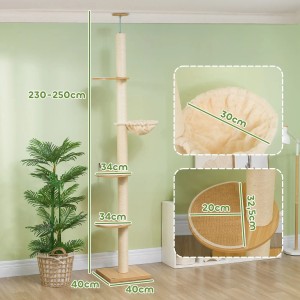 Deckenspanner-Kratzbaum in Eiche/Creme mit Liegeflächen, Hängematte und Sisalstamm. Ideal für Katzen.