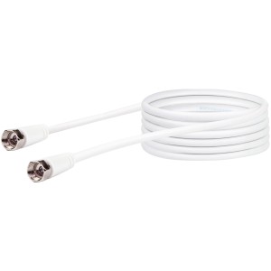 Weißes Schwaiger SAT-Verbindungskabel RG6-U, 5 m, mit F-Steckern für Antennenanschluss.