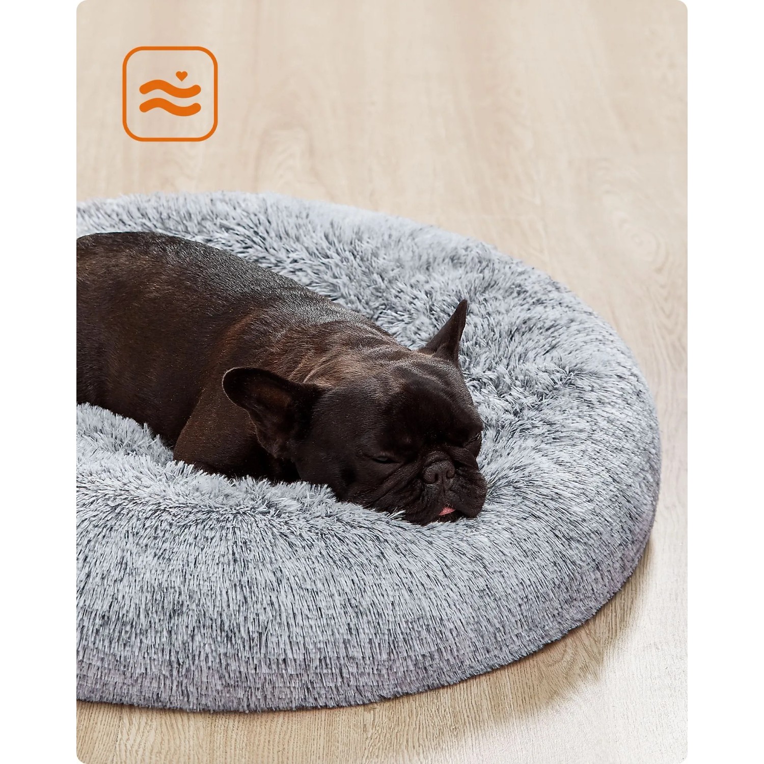 Graues, flauschiges Hundebett (70 cm) mit schlafender Französischer Bulldogge. Weiche Plüsch-Liegefläche für Hunde.