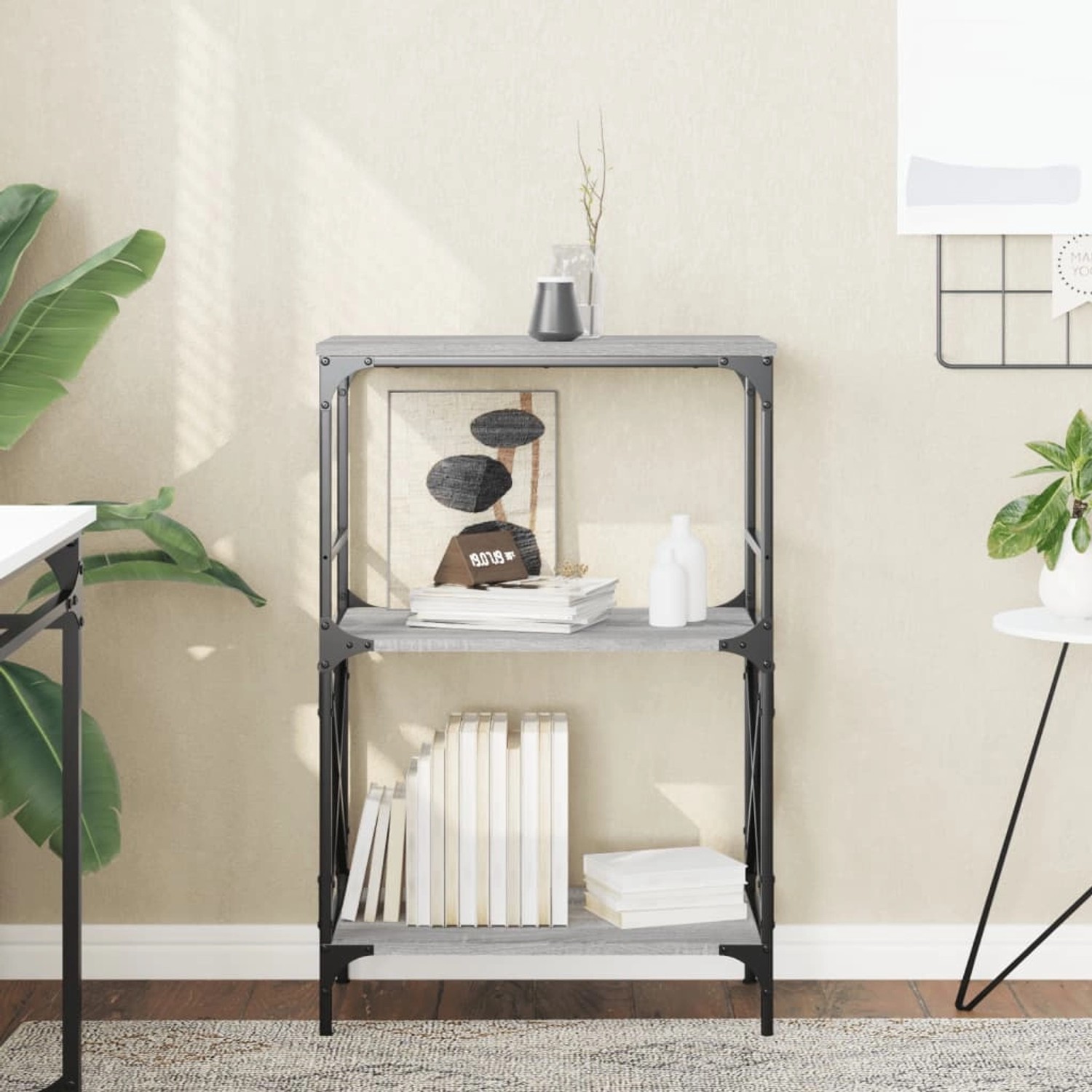 VidaXL Bücherregal mit 3 Böden in Grau Sonoma, Holzwerkstoff und Metallrahmen.