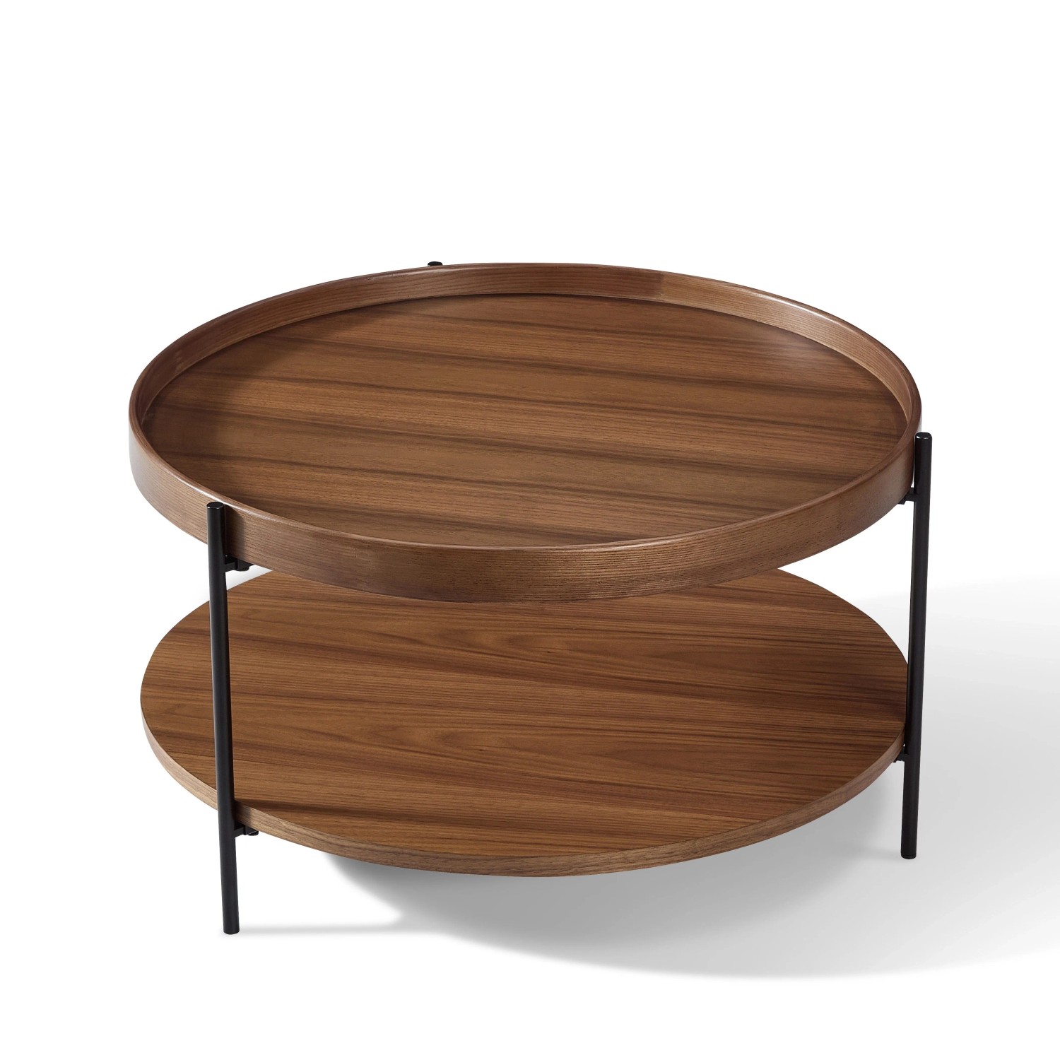 okwish Couchtisch mit Massivholz Metall Wohnzimmer 2-stöckig Rundtisch 69x69x38cm Walnuss