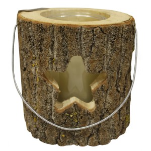 Rustikales Windlicht aus Holzstamm mit Glas und Stern-Motiv, 15x13 cm.