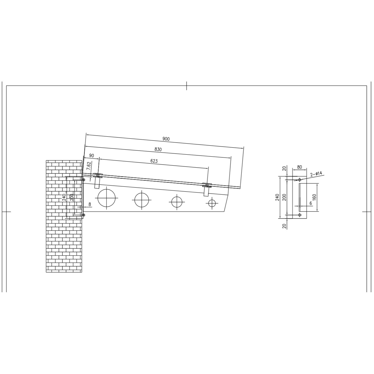 Technische Zeichnung: Glasvordach Schwert Klarglas VS-Glas 300x90 cm mit Maßen und Details zur Montage.