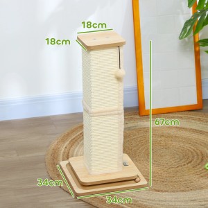 PawHut Kratzstamm aus Sisal und MDF in Eiche, 67 cm hoch. Kratzsäule mit Spielzeug.